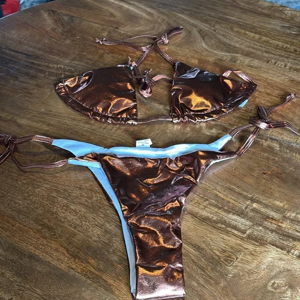Women's Metallic Shiny Halter Lace-up Bikini Triangle Padded Cup Bra bronze S